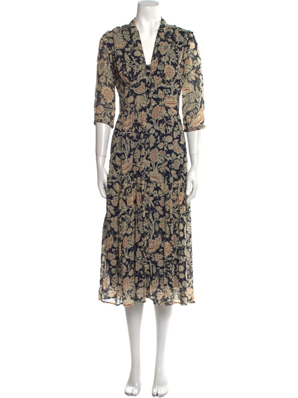 ba&sh “Aline” Navy Midi Dress with Cream Floral Print US 0